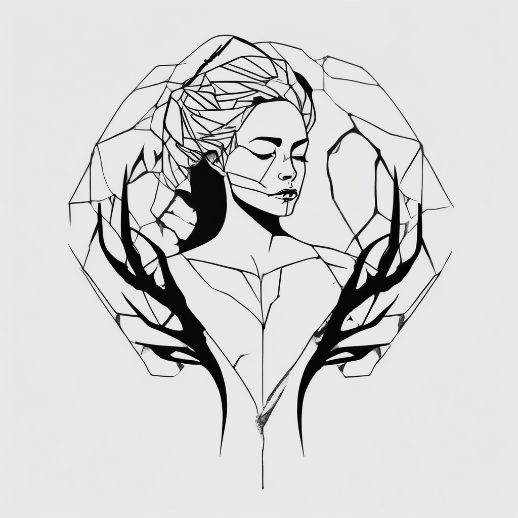 A minimalist tattoo that represents a shattered and betrayed gemini woman who fought hard throughout this year. With colors blue and black. Make it unique and rare. Without leaves and stem. floral sleeve tattoo, diseño de tatuaje Minimalista generado con IA